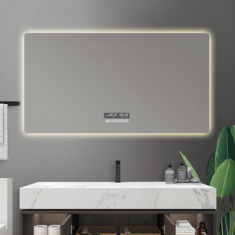 Espejo de baño pantalla táctil retangular espejo inteligente antiniebla pared LED luminoso baño con lámpara pared espejo