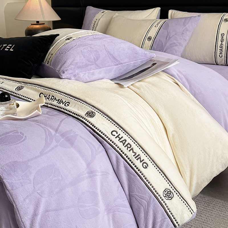 Invierno de doble cara engrosado cama de camisa de leche cuatro piezas de brida de coral rosa sábanas de camisa de cama esculpidas colcha de cama