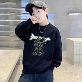 天才鲸 男童秋冬新款洋气卡通字母宝宝上衣宽松圆领加绒儿童卫衣