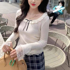 韩版时尚蕾丝拼接针织衫女秋季2025新款修身显瘦蝴蝶结方领上衣潮