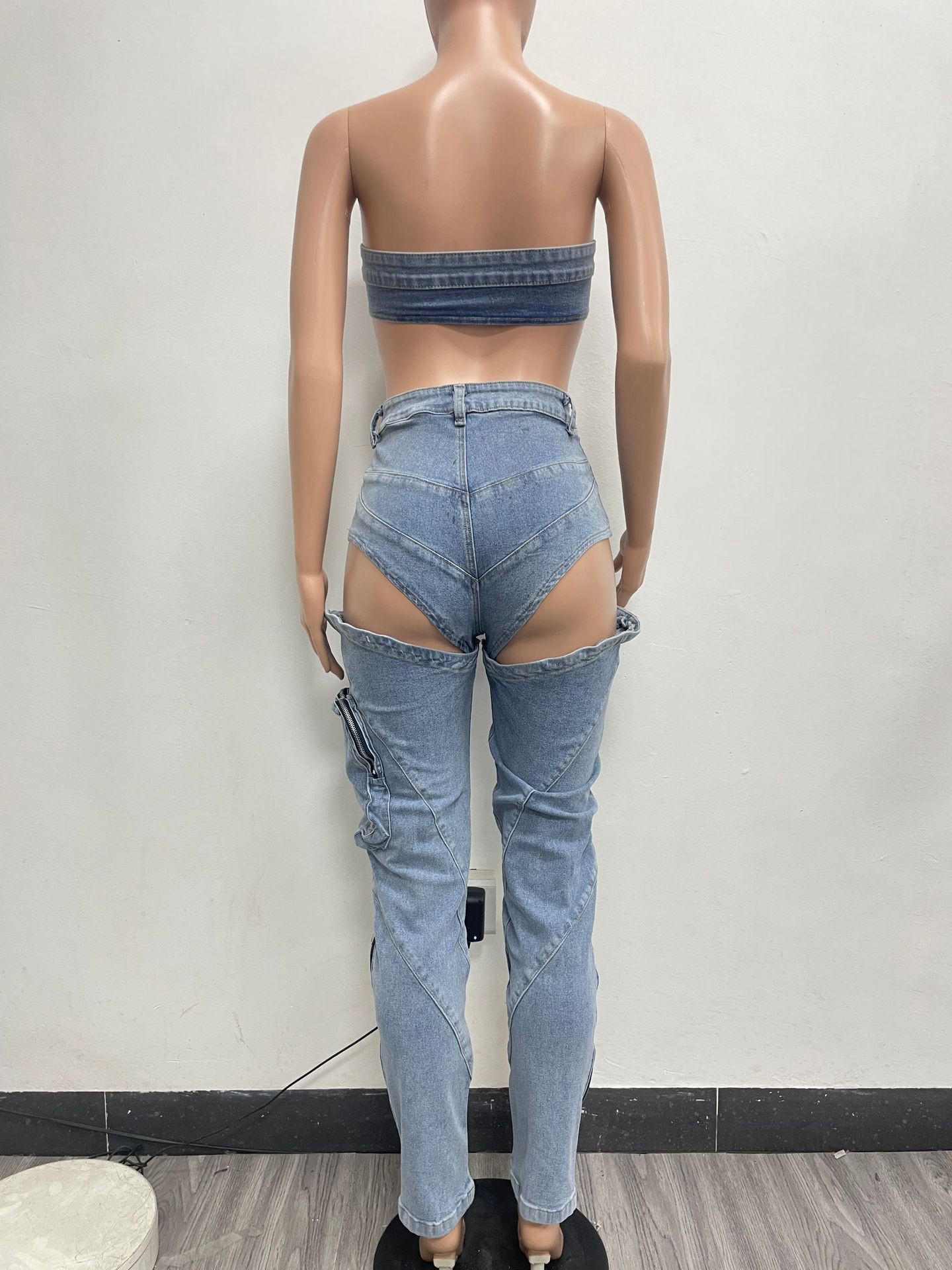 Washed Stretch Denim Special Split Zipper Three Dimensional Pocket Bandeau Sexy Set 10 Washed Stretch Denim Special Split Zipper Three Dimensional Pocket Bandeau Sexy Set