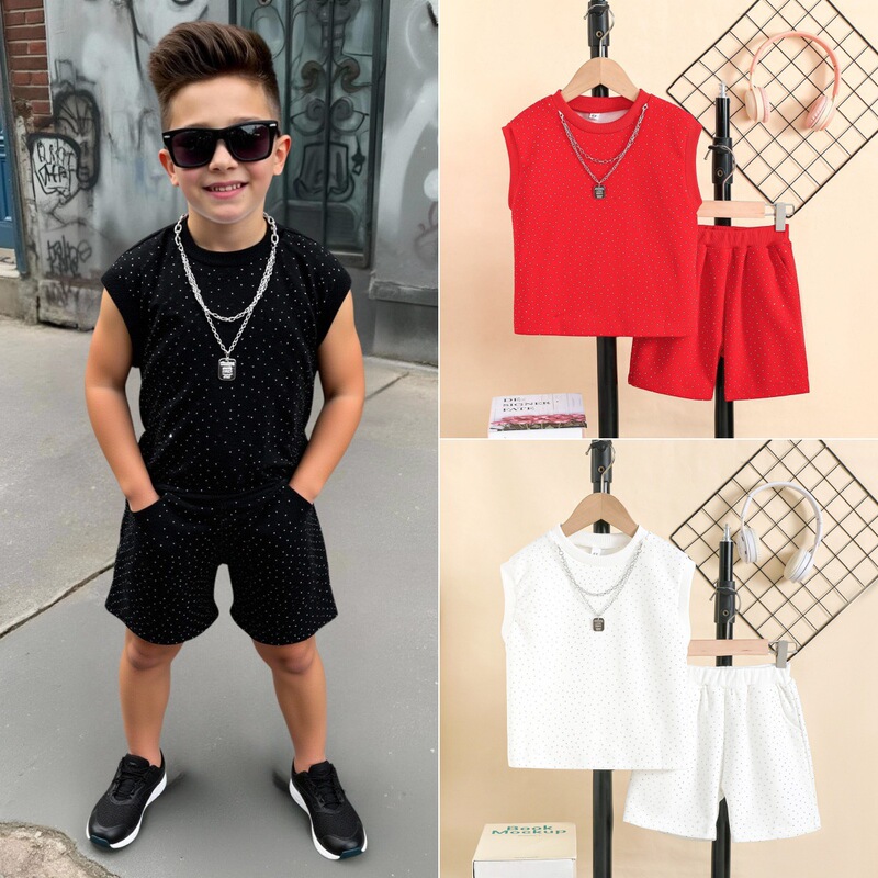 European and American Style Boys' Rhinestone Set, Summer Fashionable Sleeveless Vest and Shorts Set, Trendy Two-Piece with Rhinestones + Chain