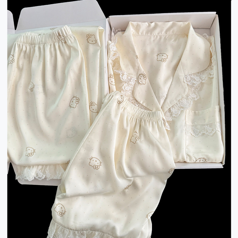 Women's Summer Pajamas Set, Ice Silk Three-Piece Short-Sleeve Long Pants, 2026 New Model, Cute and High-End Loungewear Women's Summer Pajamas Set, Ice Silk Three-Piece Short-Sleeve Long Pants, 2026 New Model, Cute and High-End Loungewear