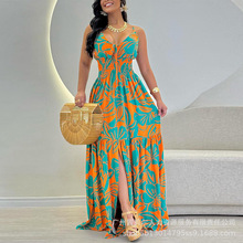 女装欧美新款橙色热带印花收腰吊带荷叶边开叉长裙LZR18561