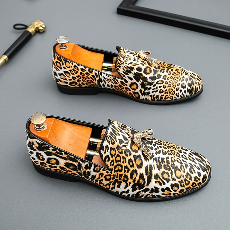 Мужские кожаные туфли с заостренным носком, леопардовый принт, для ночных клубов, повседневные и нарядные, с кисточками, в британском стиле, для путешествий.