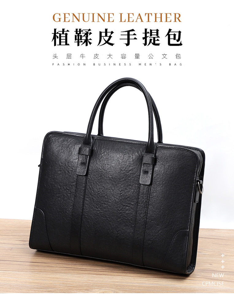 Túi xách tay nam da bò lớp đầu 38×8×28 cm, túi công sở đựng laptop 14 inch, đeo chéo tiện lợi — Màu Đen thuộc da bình thường bên trong màu đen, Màu đen cây cao, Lớp lót nỉ flannel cao cấp cầm tay màu đen chi tiết 1