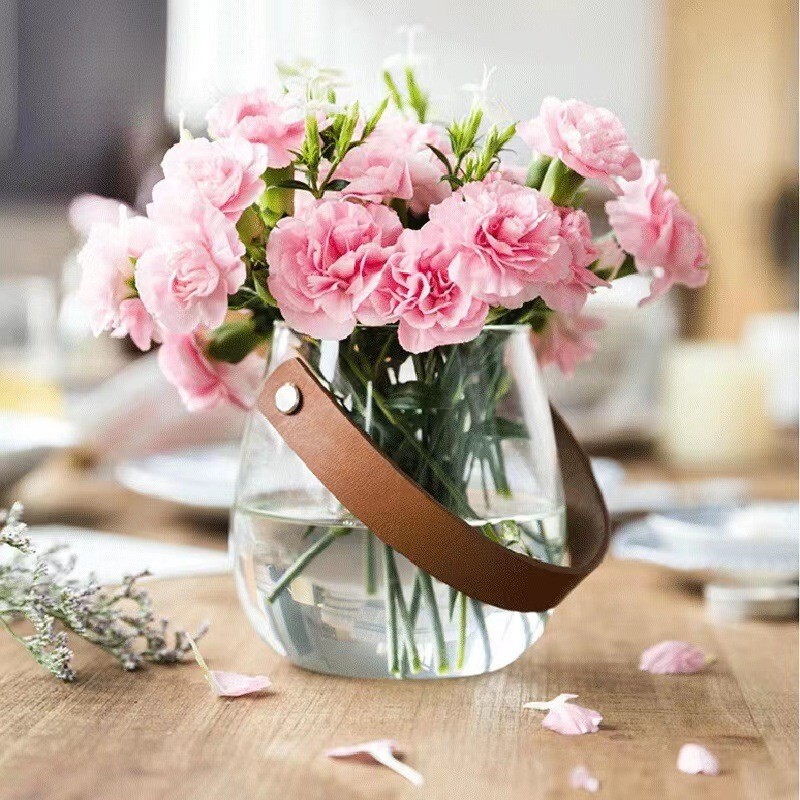 Cross-border Non-fire Aromatherapy Glass Green Rose Hydroponic Desktop Ornaments Leather Portable Glass Vase Flower Arrange High-grade Sense