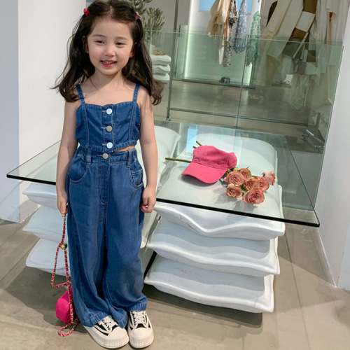 Girls suit suspender short top and denim wide leg pants 24 summer clothes new foreign trade children's clothing drop shipping 3-8 years old