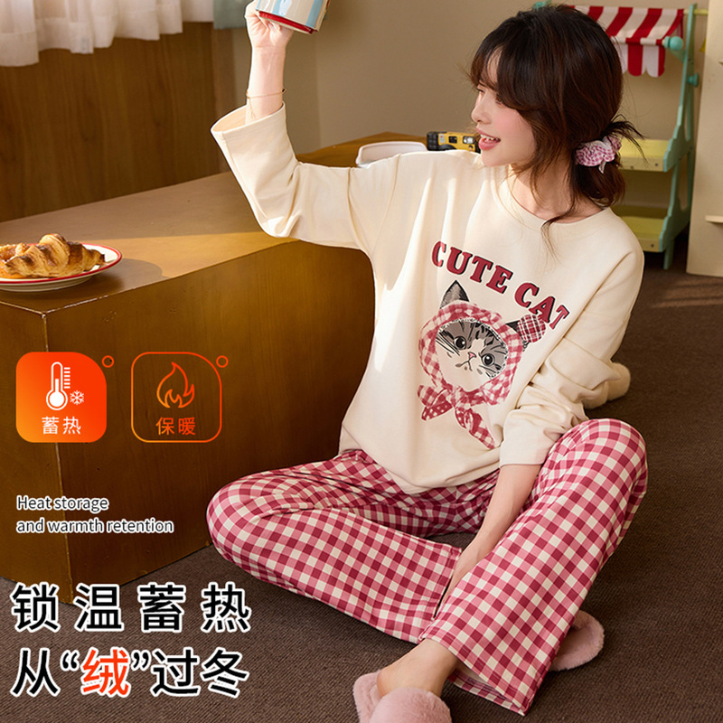 Pajamas for Women in Autumn and Winter, Silk Wool and German Velvet Thickened Long-Sleeved Round-Neck Pullover Cartoon Thermal Storage and Warm Home Wear