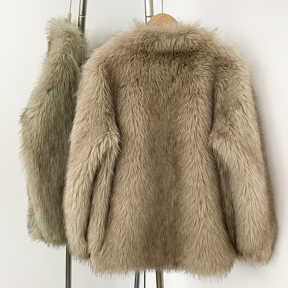 Damenbekleidung Kunstfuchspelzmantel für Damen mit Bommeldetails, süß und stylisch, verdickte warme Fuzzy-Jacke, mittellange Oberbekleidung, Kaffeebeige_voghion.com
