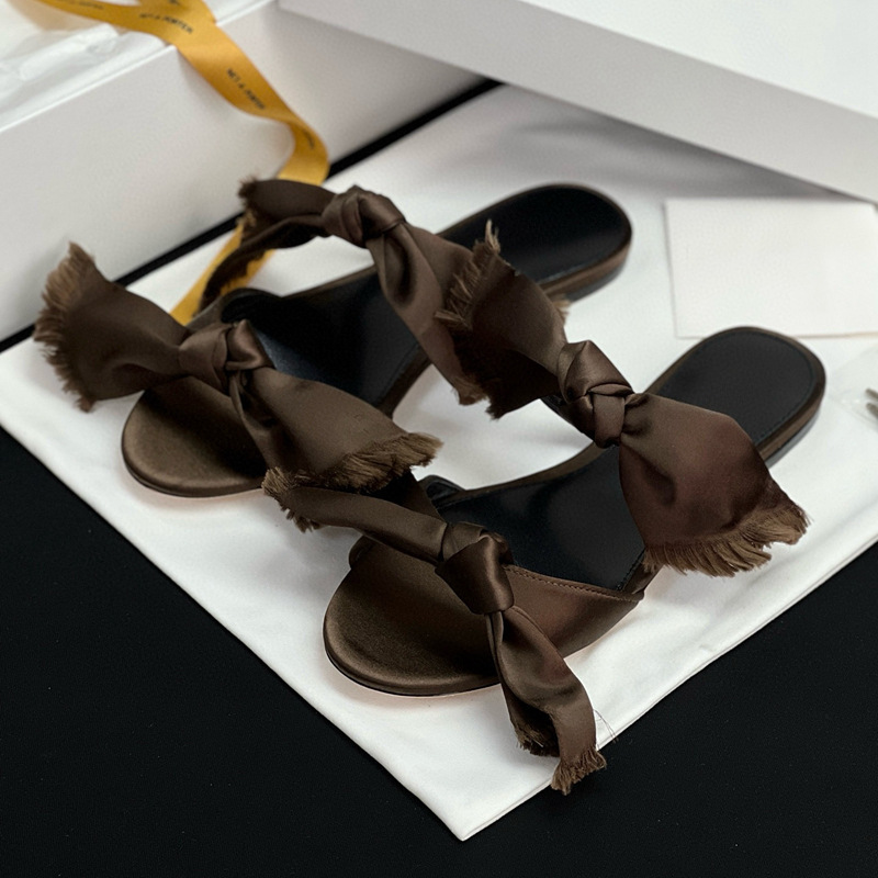 Original Factory Product! Row Sweet Korean-Style Large Bow Open-Toe High-Heeled Slip-On Fashion Women's Shoes