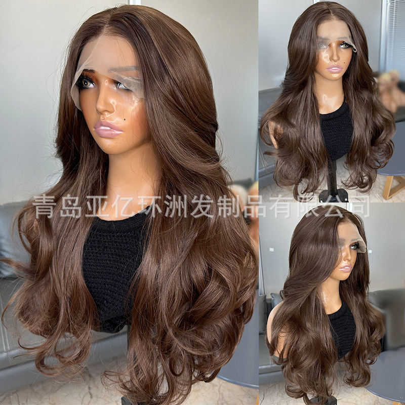 Factory European and American wig front lace chemical fiber head cover chestnut brown front eight bangs high temperature Japanese silk simulation human hair Factory European and American wig front lace chemical fiber head cover chestnut brown front eight bangs high temperature Japanese silk simulation human hair