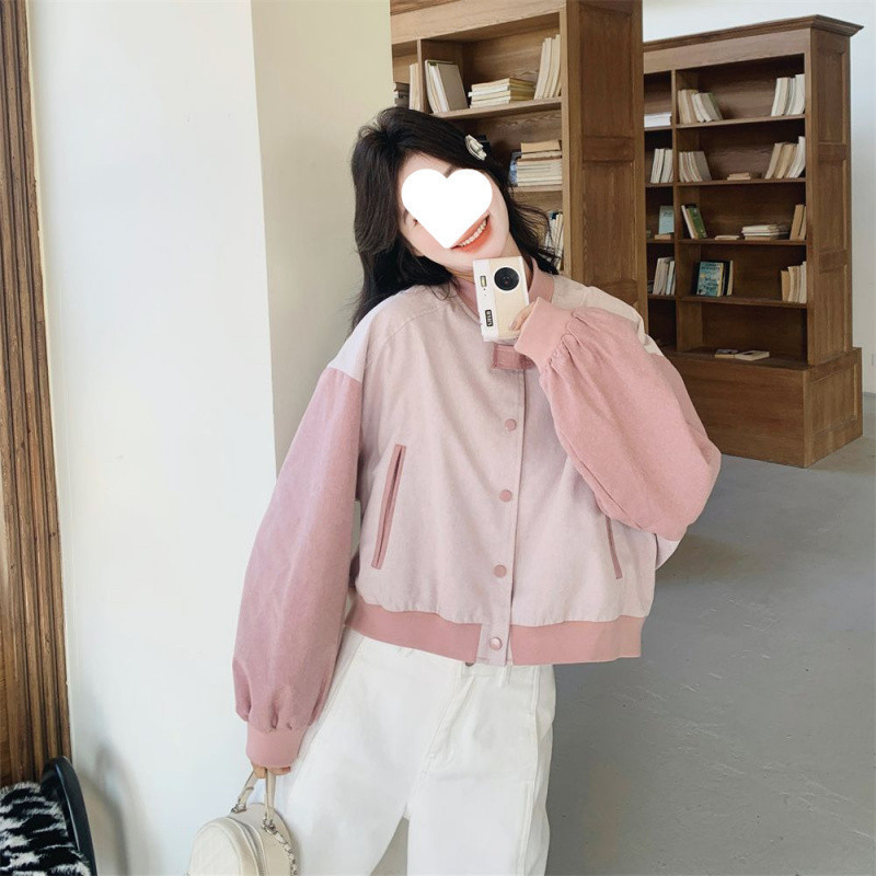 H8A粉色短款棒球服外套女春秋2025新款小个子百搭|undefined