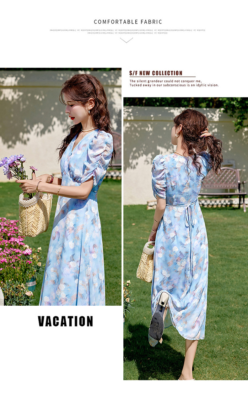 Đầm maxi nữ thắt eo in hoa phong cách mềm mại mùa hè 2025 ME5631 — hoa xanh, hoa hồng tím chi tiết 23
