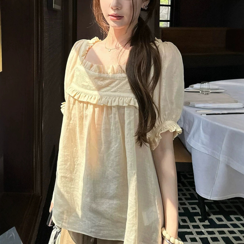 Butterfly~Summer Overture French Square Neck Lace Puff Sleeve Babydoll Blouse Women's Summer Ramie Short Sleeve Shirt Top Butterfly~Summer Overture French Square Neck Lace Puff Sleeve Babydoll Blouse Women's Summer Ramie Short Sleeve Shirt Top