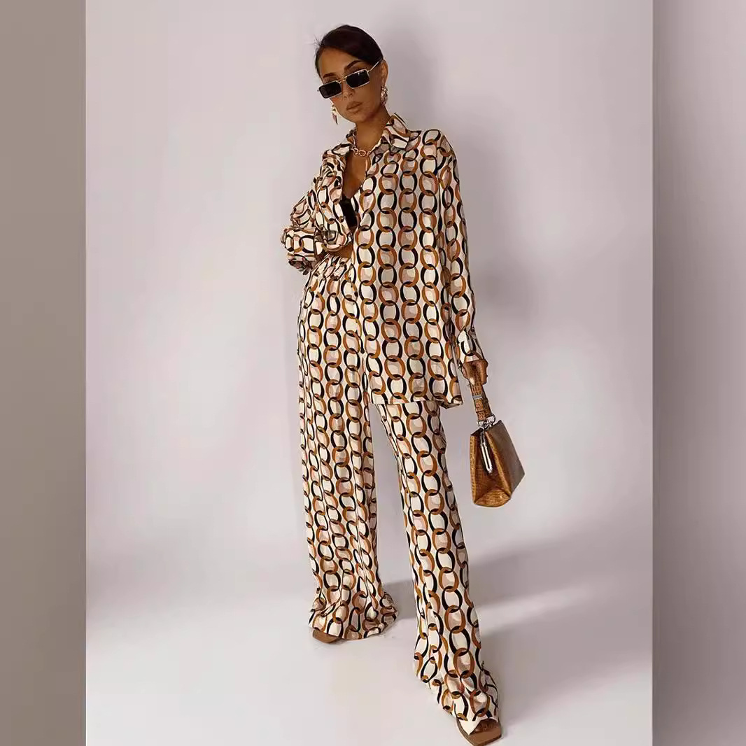 European and American New Product Set, Fashionable Printed Loose Long-Sleeved Shirt + Straight-Leg Pants, Spring and Autumn Women's Clothing for All Seasons