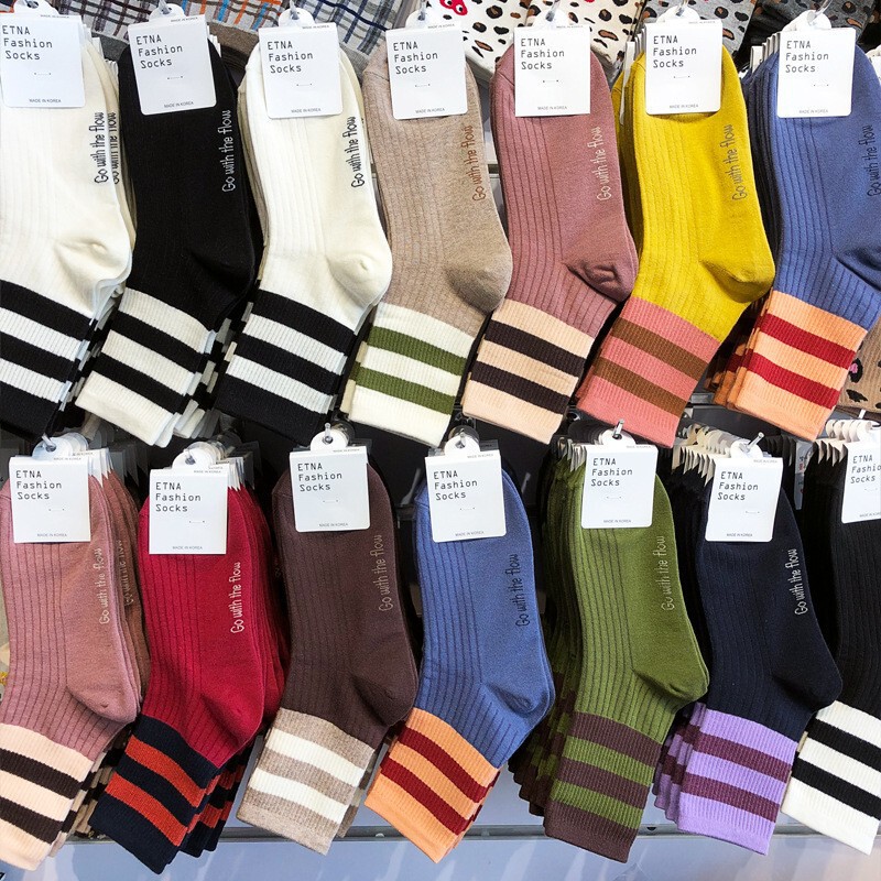 Korean-Made Socks with Double Stripes Paired with Yoga Pants, Bare-Leg Pantyhose, Striped Sports Socks, Etna Academy Women's Cotton Socks