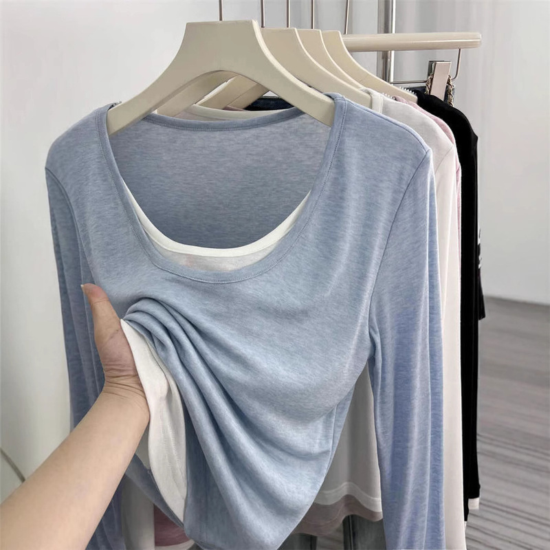 Fake Two-piece Lyocell Tencel Soft Thin Long-sleeved T-shirt Women's Short Summer U-collar Collarbone Slim-fit Top