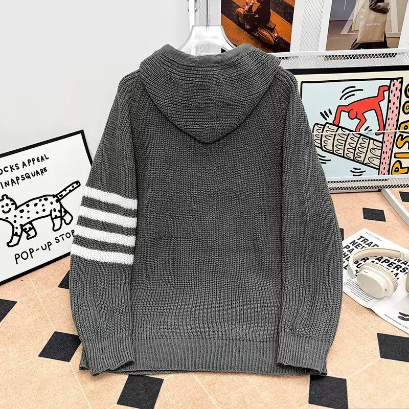 2025秋冬日系条纹毛衣男复古慵懒风休闲宽松连帽羊毛针织衫外套