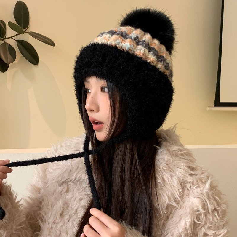 韩版冬季帽子女加厚保暖针织帽护耳毛绒骑行包头帽可爱甜美毛线帽|undefined