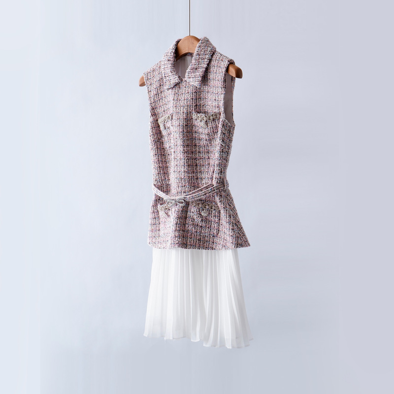 [Same Style in Shopping Malls] g 4.9K+ 25 Autumn and Winter Red and Pink Mixed Color Small Fragrant Tweed Fake Two-Piece Dress