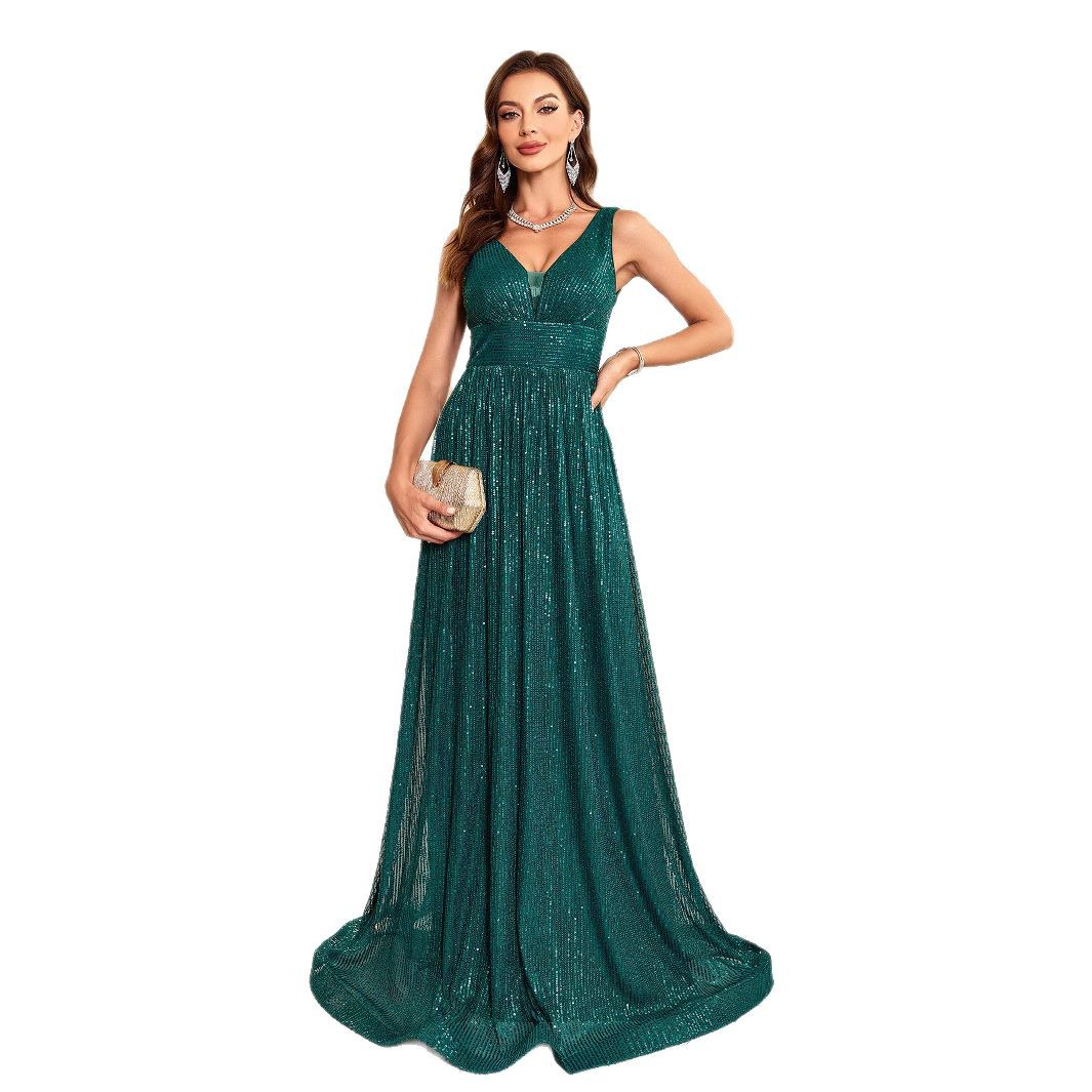 Elegant Emerald Green Sequin Backless Evening Gown Slim Fit Long Dress For Bridesmaid Party Wedding Banquet_voghion.com