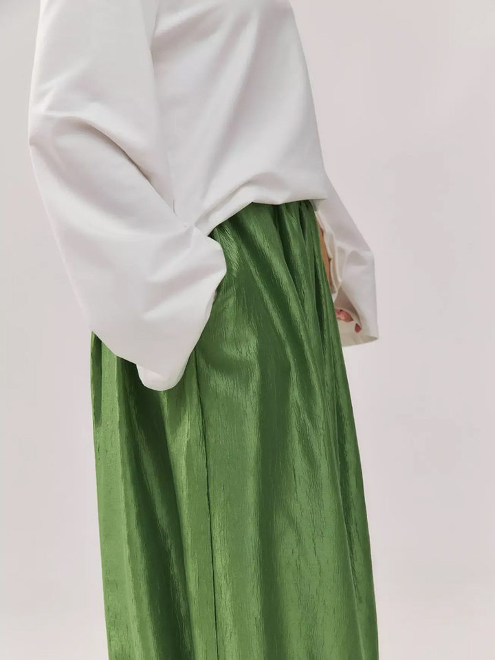 Quần ống rộng nữ lưng thun dáng suông dài phong cách thanh lịch — Màu be, Xanh lá cây, màu vàng, màu đen chi tiết 27