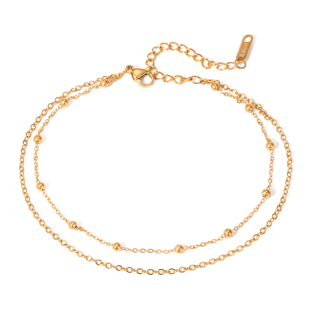 Accesorios de verano nuevos nichos europeos y estadounidenses de moda versátil 18k oro acero inoxidable doble cadena de bolas joyerías de tobillas para mujeres
