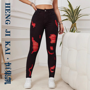 American-Style Colorful Ripped Jeans for Women, 2025 New High-Waisted Stretchy Skinny Pants, Slimming and Covering the Body
