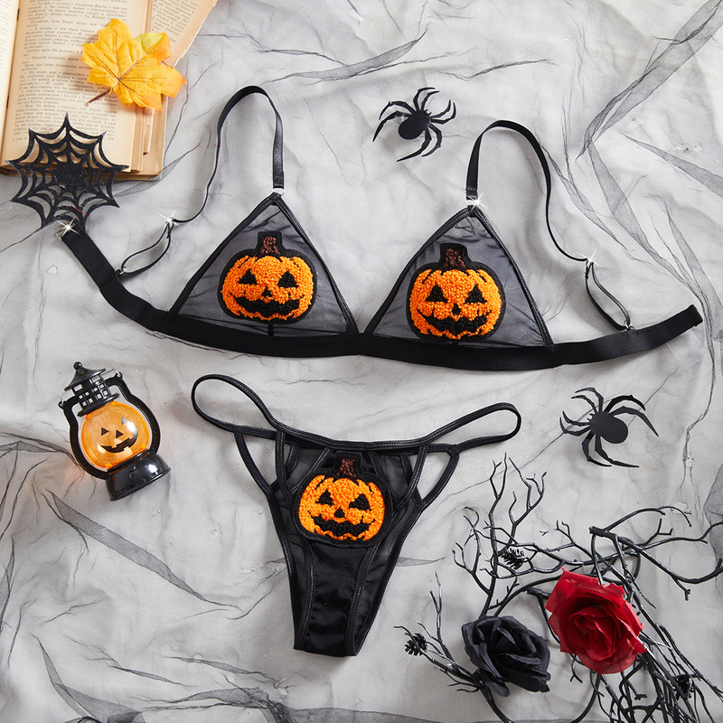 Cross-Border European and American Halloween Sexy Lingerie Pumpkin Devil Role-Playing Three-Point Dark Funny Sexy Suit