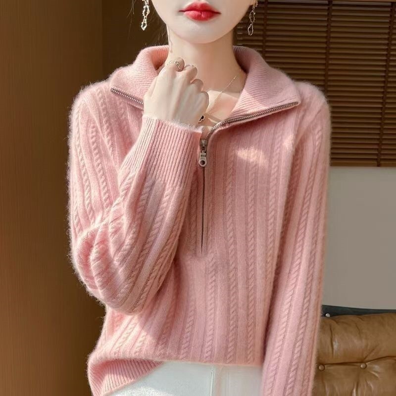 New autumn and winter collection of women's clothing: 2026 new half-zip, collared, fleece-lined knit sweater, fashionable plus-size sweater