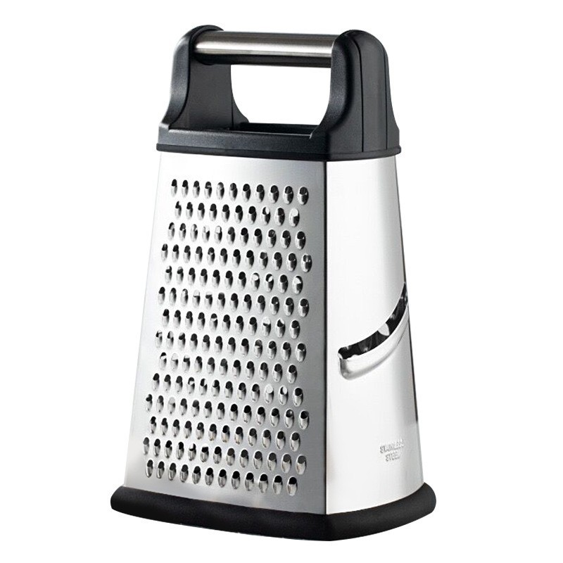 Cuatro lados de acero inoxidable raspador con mango, raspador multifuncional para pepinos, zanahorias, queso, patatas