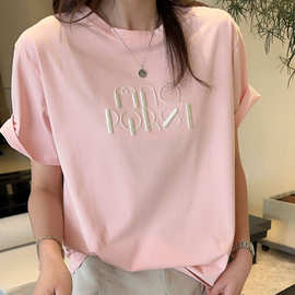 2025夏季新款纯色卡通刺绣圆领短袖T恤女宽松显瘦百搭上衣潮