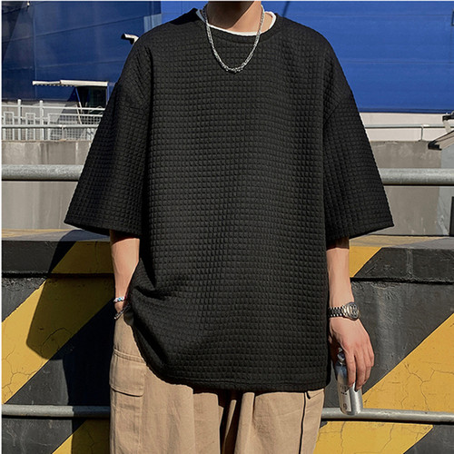 Men's Summer T-shirt, Honeycomb Short Sleeve, Trendy Streetwear, Instagram Style, Harajuku Fashion, Half Sleeve, 5-Finger Sleeve, Hong Kong Style, White T-Shirt