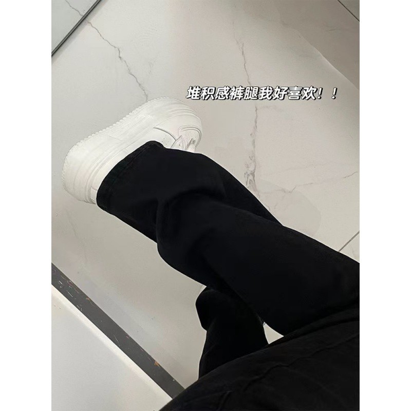 (2개) 검은 좁은 직선 청바지 여성의 봄과 여름 새로운 배 모양의 높은 허리 탄성 느슨한 슬리밍 걸레 바지