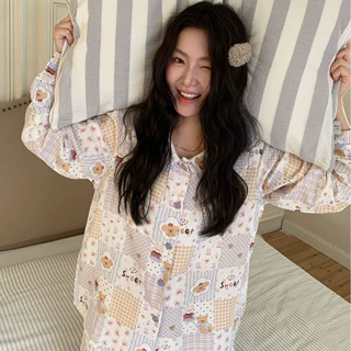 纯棉双层纱家居服栅格小熊小仙女睡衣睡裤可爱甜美长袖长裤套装