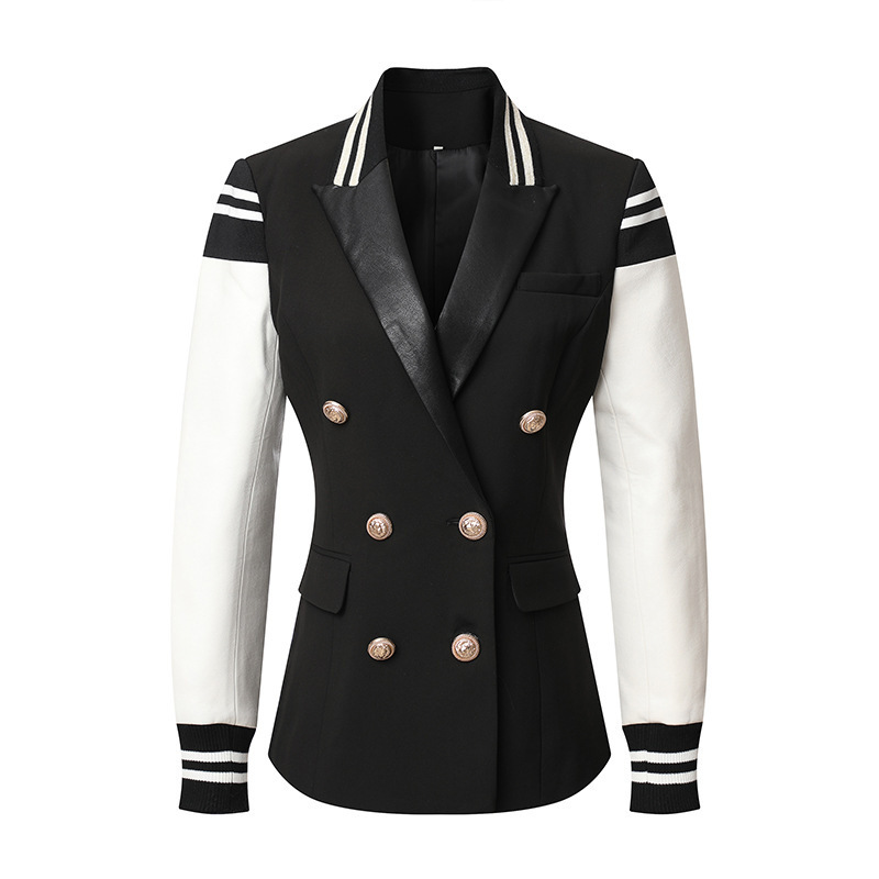 European and American style autumn and winter PU leather stitching baseball uniform slim fit small jacket metal buckle cross-border INS Internet celebrity suit European and American style autumn and winter PU leather stitching baseball uniform slim fit small jacket metal buckle cross-border INS Internet celebrity suit