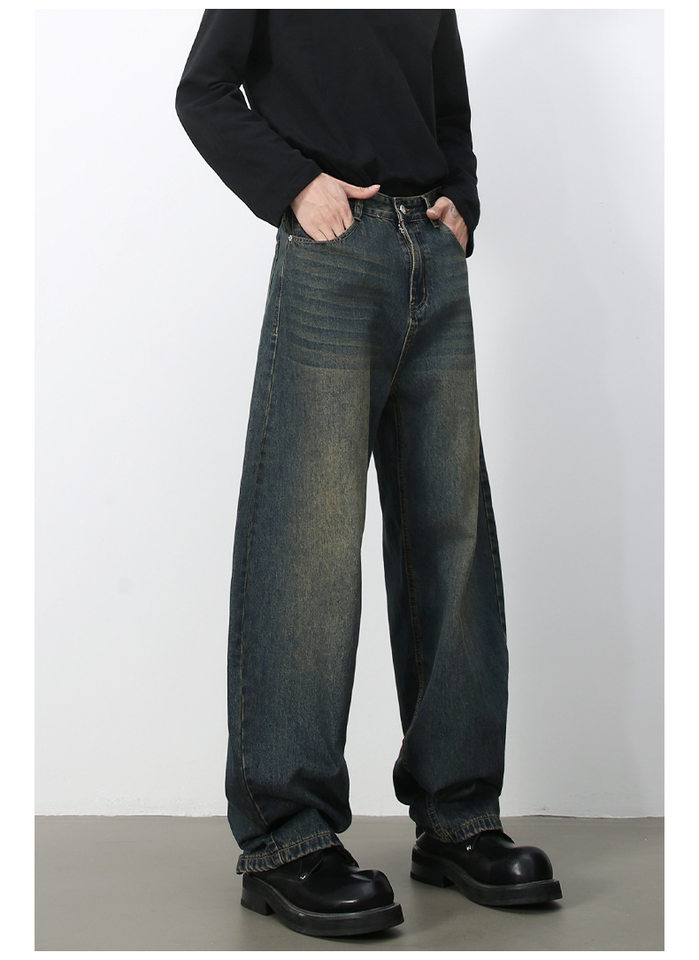 Quần jean nam ống rộng dáng suông cạp vừa phong cách đường phố — Denim đen, Làm cũ, Màu trắng, Màu xanh lam chi tiết 14