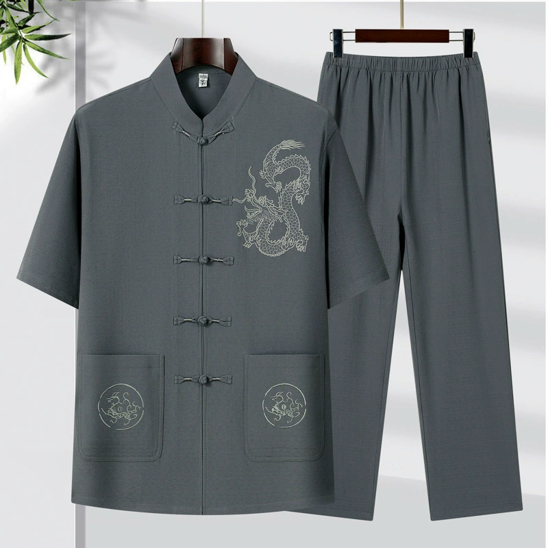 Летняя новая одежда для мужчин среднего и пожилого возраста повседневный комфорт с половиной рукава костюм вышитый китайский стиль папа набор из двух частей