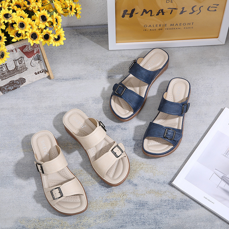 Z637-9 nuevo modelo 2025 sandalias de cuña retro de estilo europeo y americano para mujer, informales, ligeras, de talla grande, cómodas