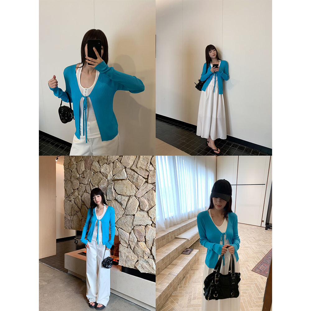 Yuyi's New 2025 Summer Korean Style Lace-Up Knitted Cardigan Feminine Long-Sleeved Top for Women M11355