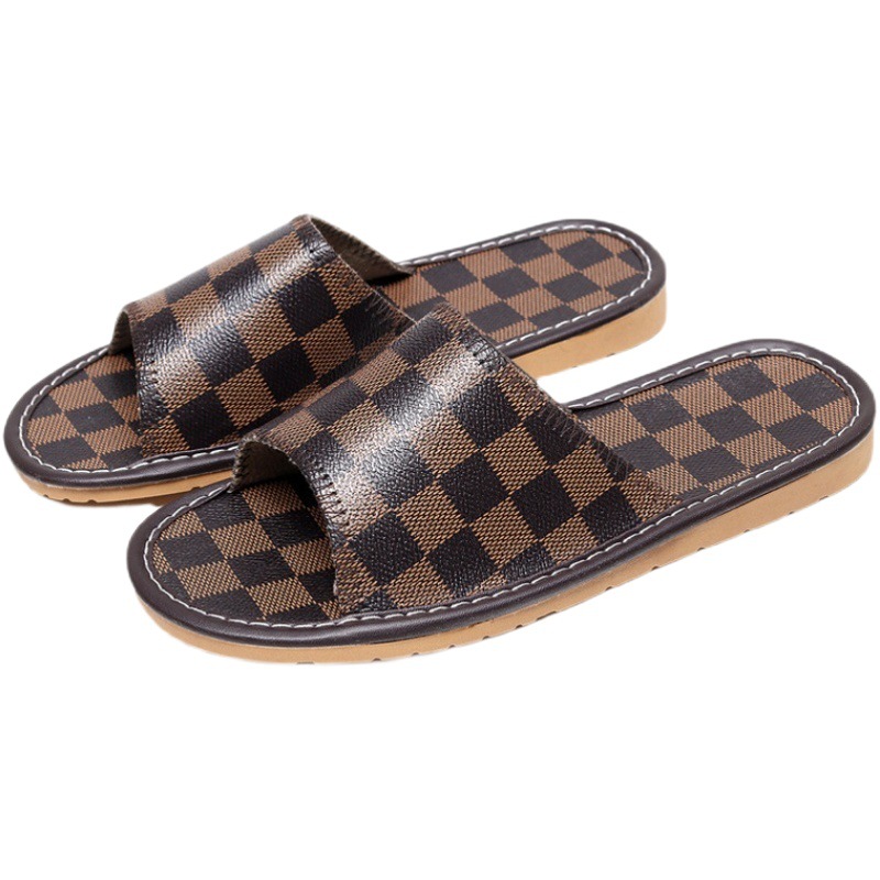 Fashionable Leather Slippers for Home Couples Summer Women's Office Floor Soft-Soled Non-Slip Household Wear-Resistant Sandals Summer Men's