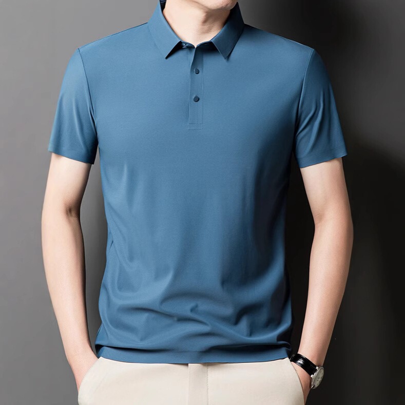 New High-Quality Nylon Fabric Ice Silk Seamless T-Shirt Men's Polo Shirt Solid Color Elastic Lapel Top Men's Wholesale New High-Quality Nylon Fabric Ice Silk Seamless T-Shirt Men's Polo Shirt Solid Color Elastic Lapel Top Men's Wholesale