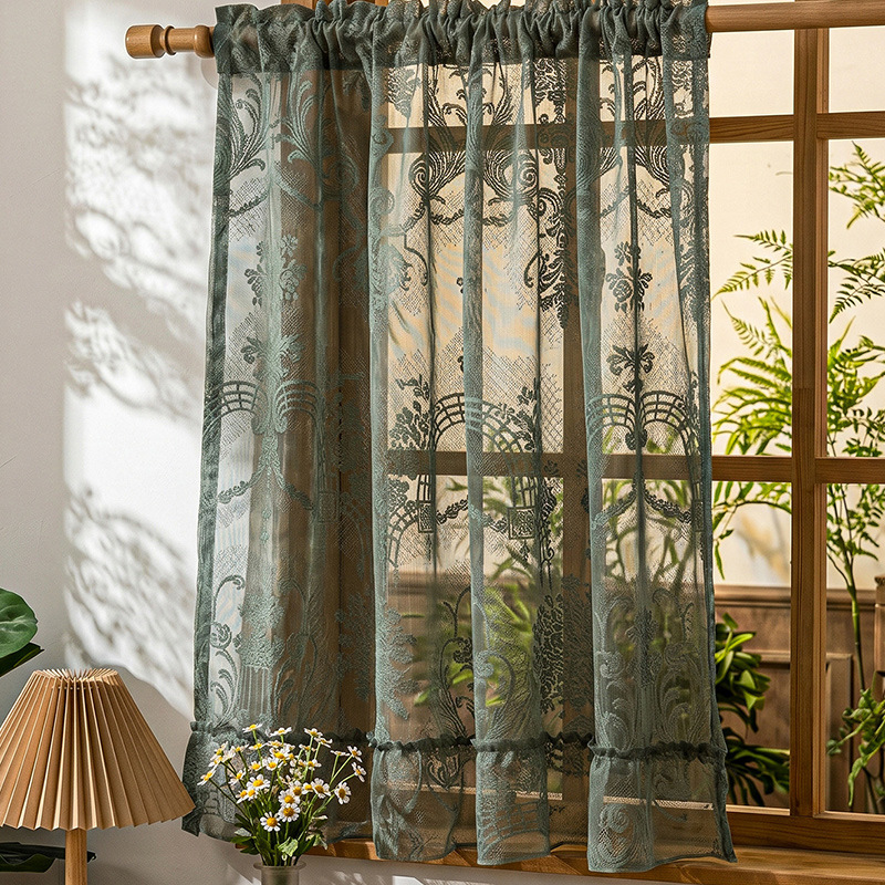 2026 New French Retro Cream Wood-Style Coffee Curtains for Living Room Balcony Bay Window Light-Transmitting Hollow Lace Window Sheer