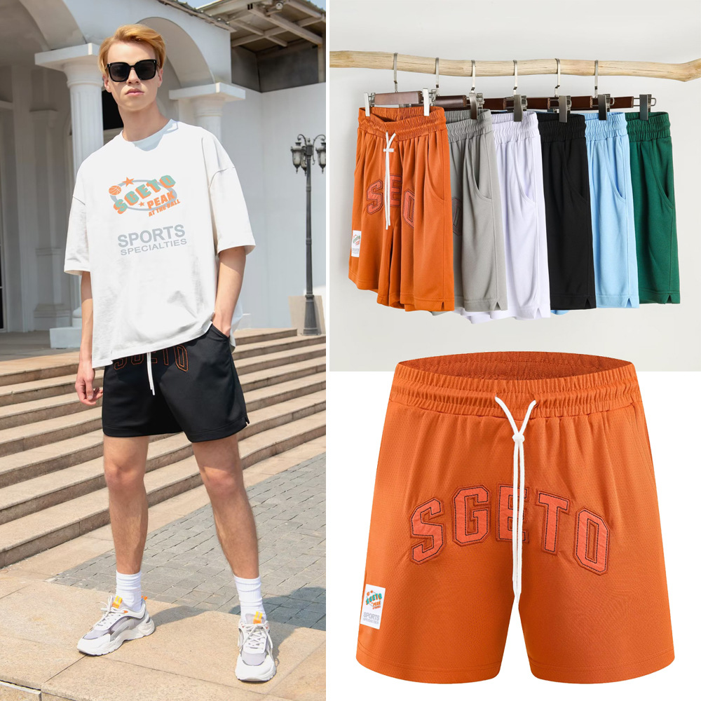 American Summer Split Sports Shorts Herren Bestickte Loose Running Fitness Basketball Bequemes atmungsaktives Training_voghion.com