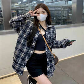 幂式穿搭格子衬衫女春秋季韩版慵懒复古宽松开衫外套长袖衬衣上衣