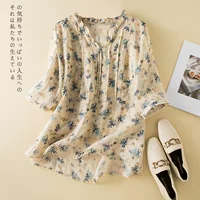 Рубашка с принтом Летняя льняная рубашка с художественным дизайном Sense Niche Floral Ramie Auricularia Воротник льняная рубашка