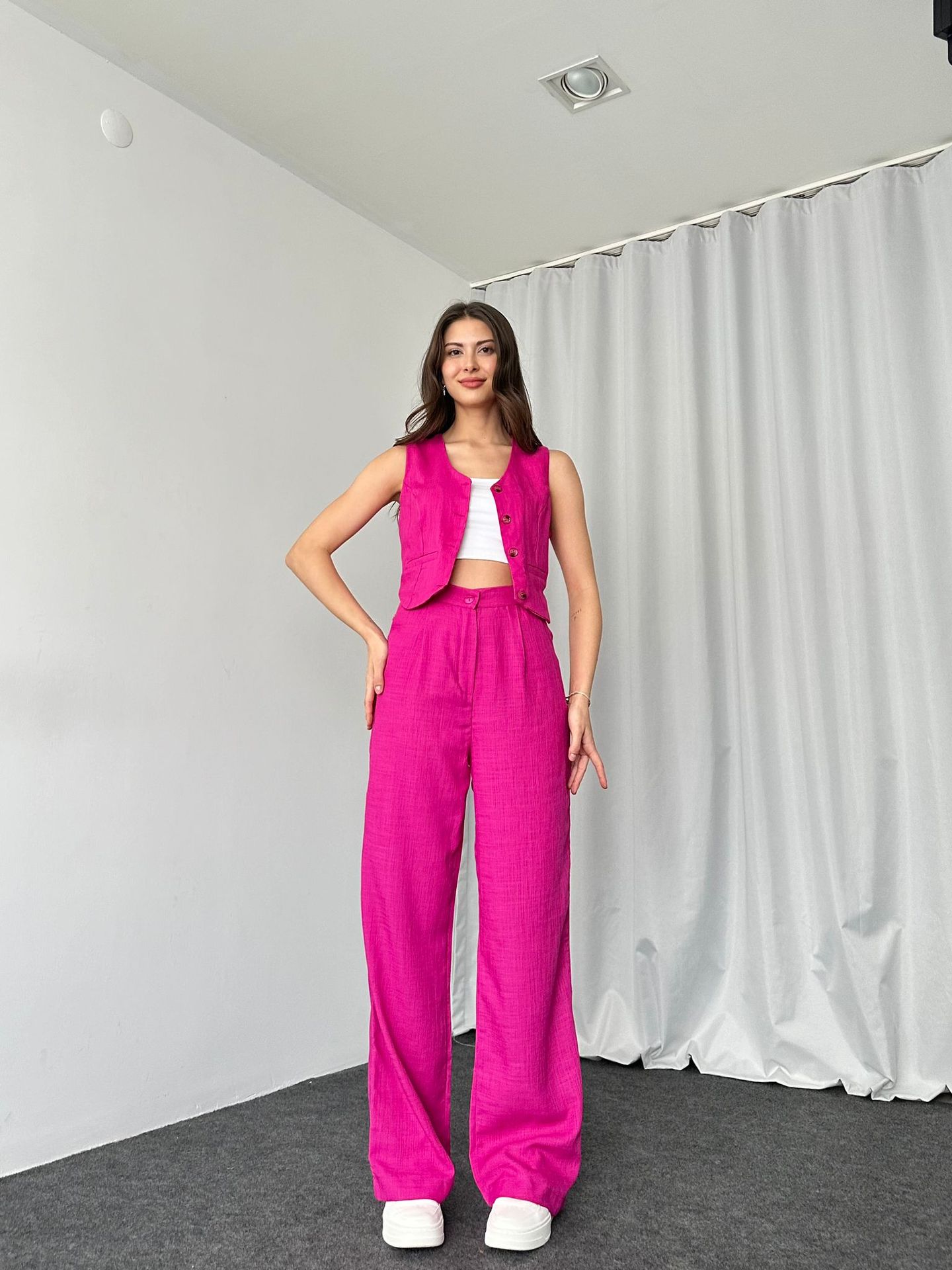 420g Weight Sleeveless Sleeve Length Spandex, Polyester Fabric Type Pant Co-ord Set Sets Type 2 Pieces Set Quantity Daily Occasion U Neck Neckline Regular Fit Fit Type Solid Color Pattern Summer Season Women's Gender Button Design Streetwear Style Daily Women's Streetwear Solid Color Spandex Polyester Button Pant Co-ord Set Pants Sets 11