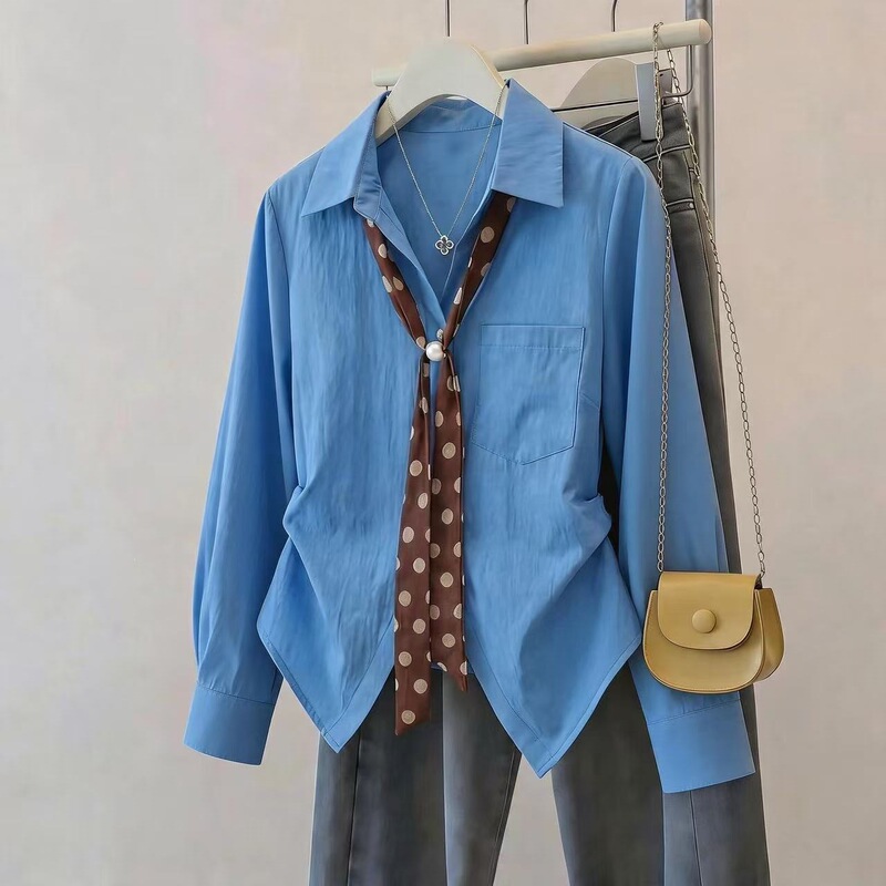 New autumn polka dot ribbon long-sleeve shirt with pleated design, stylish and elegant women's slim-fit shirt New autumn polka dot ribbon long-sleeve shirt with pleated design, stylish and elegant women's slim-fit shirt