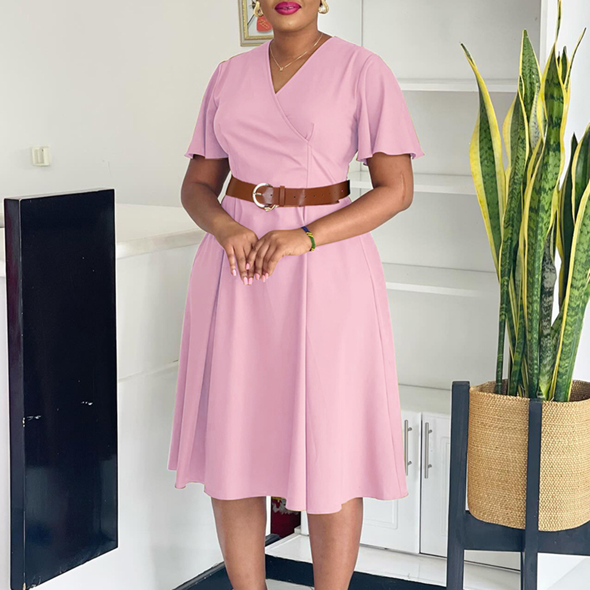 Plus Size Women's Clothing V Neck Dress Elegant Solid Color Flared Sleeve Casual Fashion American Style_ecoleips.com